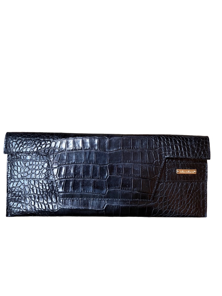 Vintage Maxmara Croc Embossed Real Leather Clutch W/ Chain Black Y2k